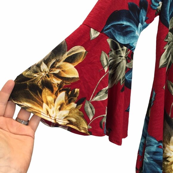 Floral Tunic Top Women Size Large Summer Red Tropical Bell Sleeve Flowy - Picture 4 of 11